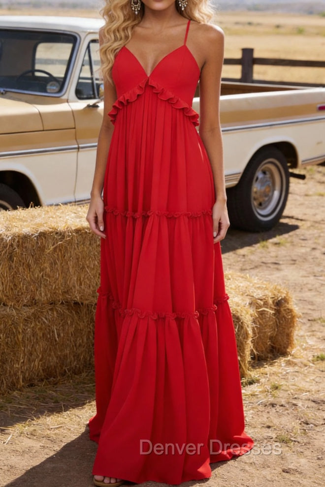 Red A-line V Neck Sleeveless Floor-Length Chiffon Prom Dress Long Prom Dresses Backless with Pleated Ruffles Main image