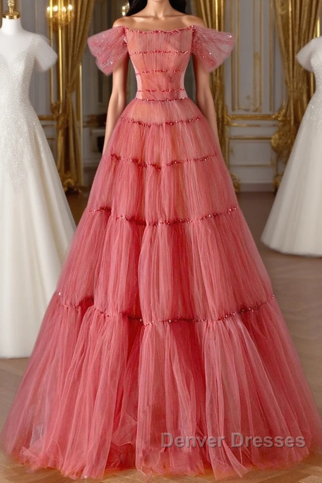 Red Aline Tulle Long Prom Dress, Red Tulle Formal Graduation Dress With Beading Sequin