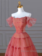 Red Aline Tulle Long Prom Dress, Red Tulle Formal Graduation Dress With Beading Sequin