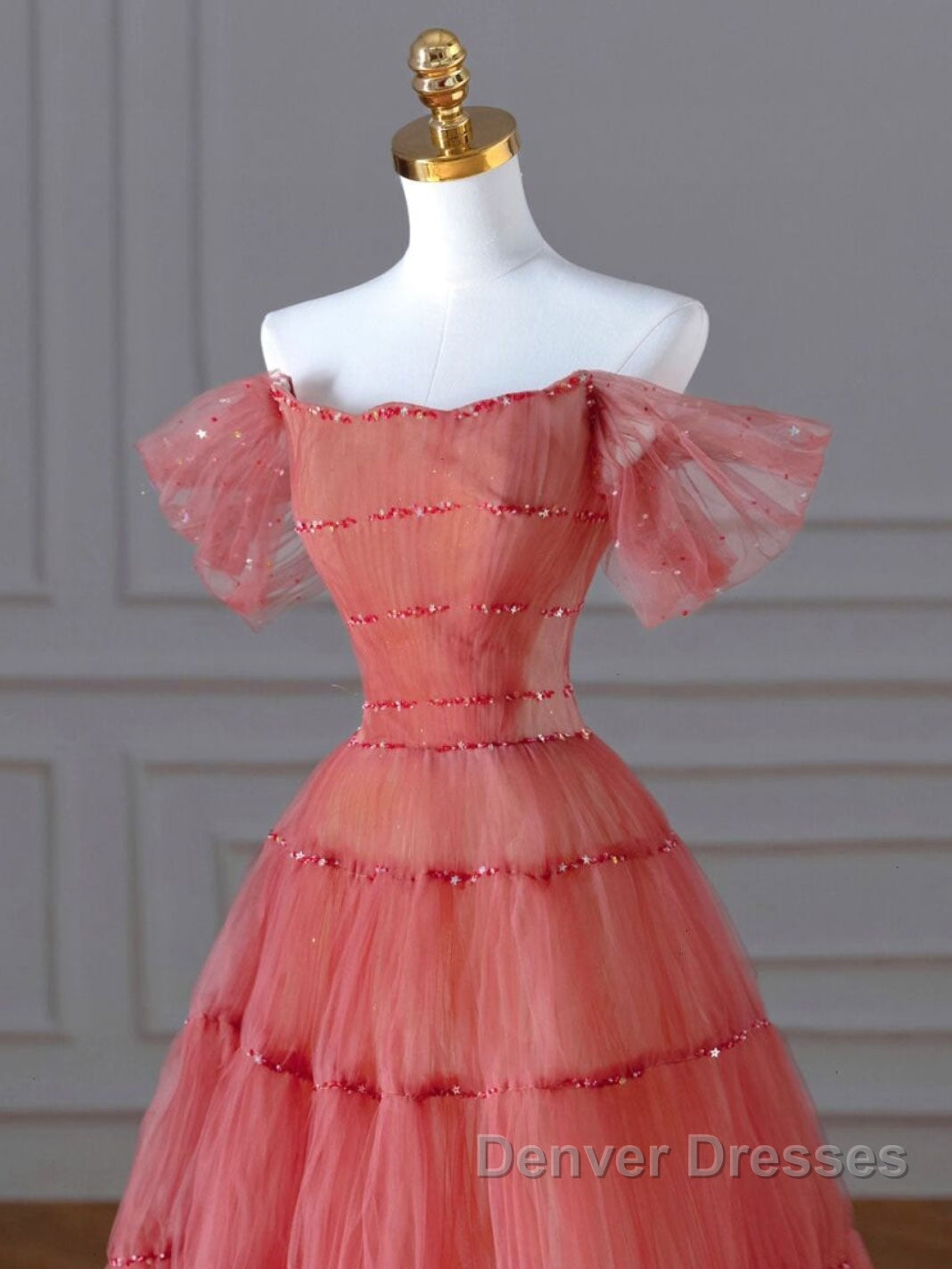 Red Aline Tulle Long Prom Dress, Red Tulle Formal Graduation Dress With Beading Sequin