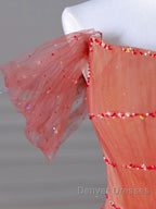 Red Aline Tulle Long Prom Dress, Red Tulle Formal Graduation Dress With Beading Sequin