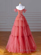 Red Aline Tulle Long Prom Dress, Red Tulle Formal Graduation Dress With Beading Sequin