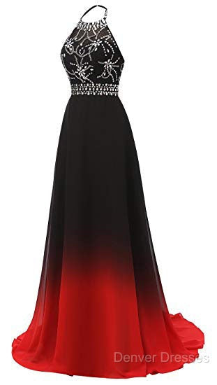 Red And Black Halter Beaded Chiffon Party Dress, A-Line Gradient Evening Dress