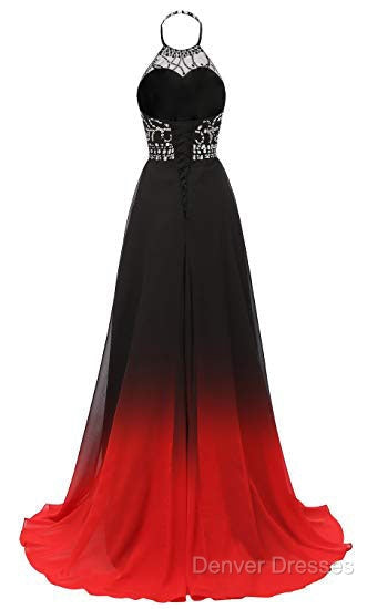 Red And Black Halter Beaded Chiffon Party Dress, A-Line Gradient Evening Dress