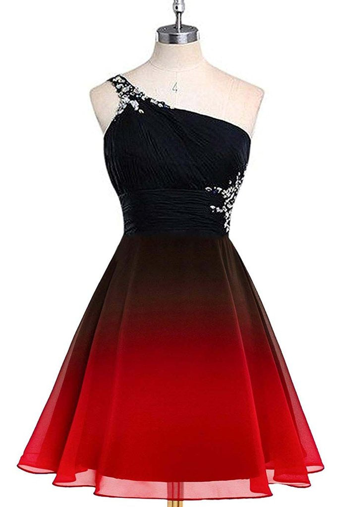 Red And Black One Shoulder Chiffon Beaded Homecoming Dress, Gradient Short Prom Dress Main image