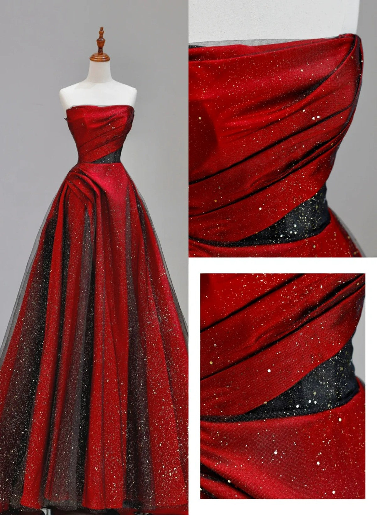 Red And Black Satin With Tulle Chic Long Party Dress, Red Long Prom Dress Main image