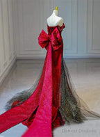 Red and Black Sweetheart Off Shoulder Formal Dress, Long Prom Dress with Bow