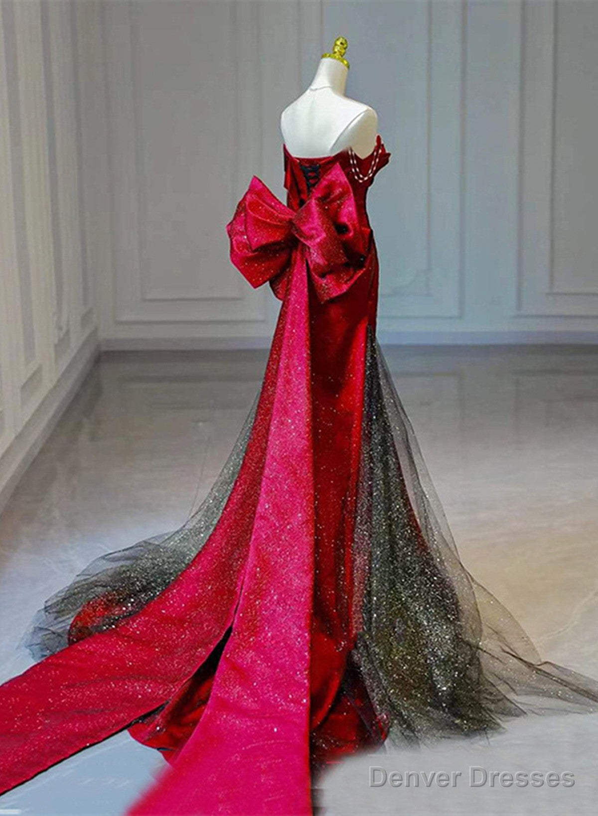 Red and Black Sweetheart Off Shoulder Formal Dress, Long Prom Dress with Bow
