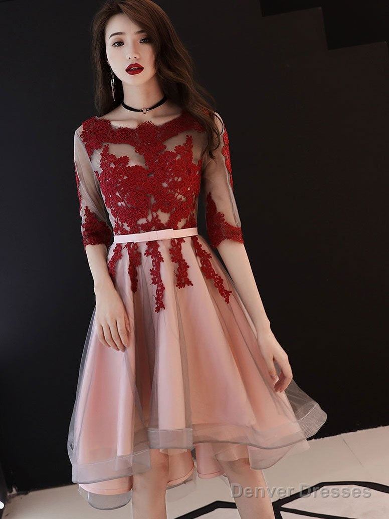 Red And Pink Tulle With Lace Short Sleeves Party Dress, High Low Homecoming Dress Secondary image