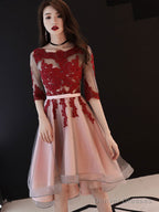 Red And Pink Tulle With Lace Short Sleeves Party Dress, High Low Homecoming Dress