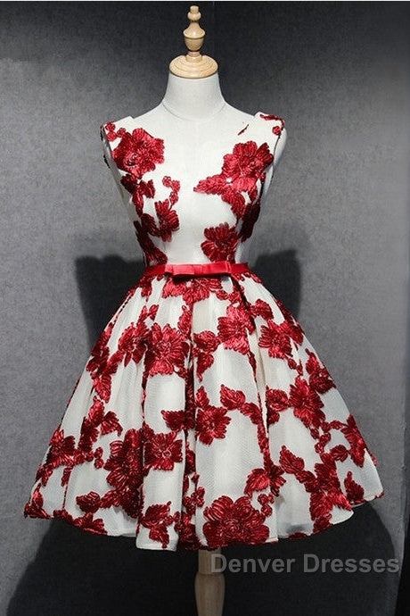 Red And White Short Homecoming Dress, Lace-Up Back Party Dress, Pretty Formal Dress