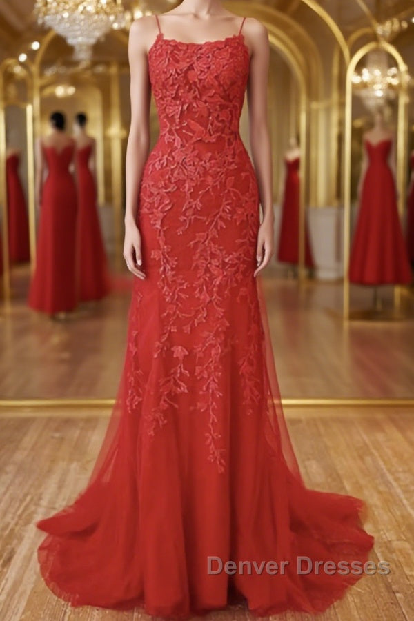 Red Backless Lace Prom Dress, Red Open Back Lace Formal Evening Dress Main image