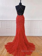 Red Backless Lace Prom Dress, Red Open Back Lace Formal Evening Dress