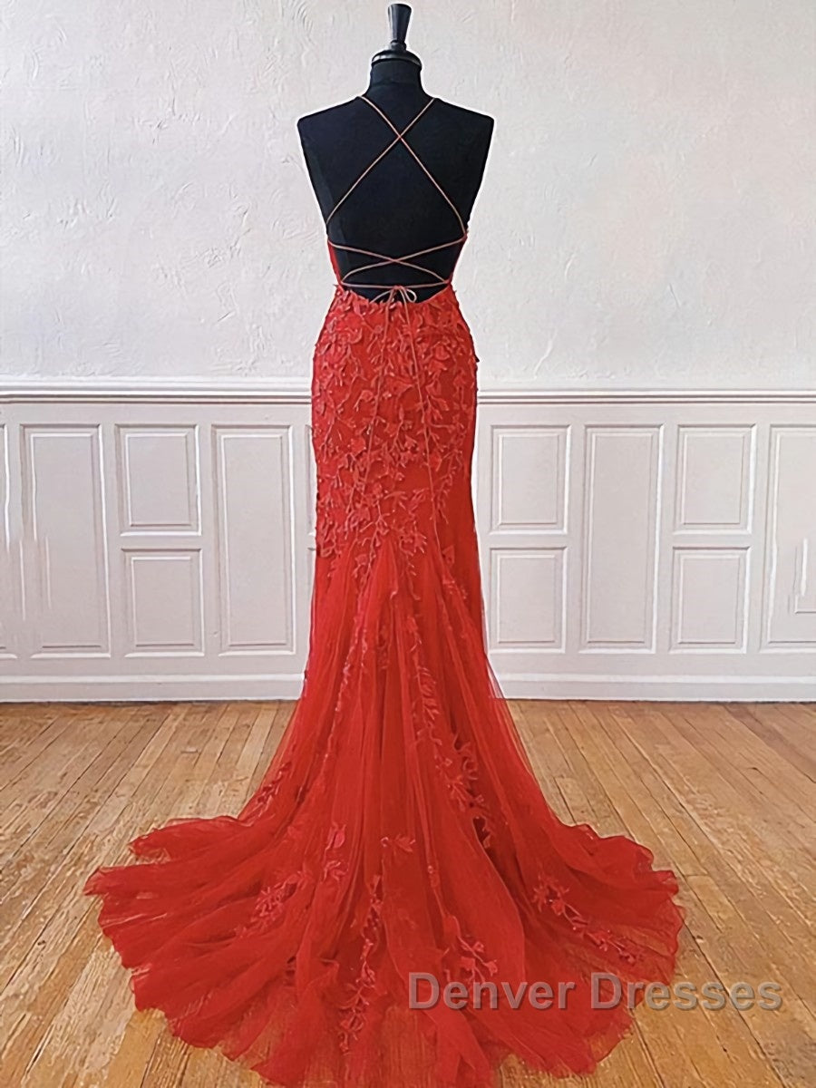 Red Backless Lace Prom Dress, Red Open Back Lace Formal Evening Dress