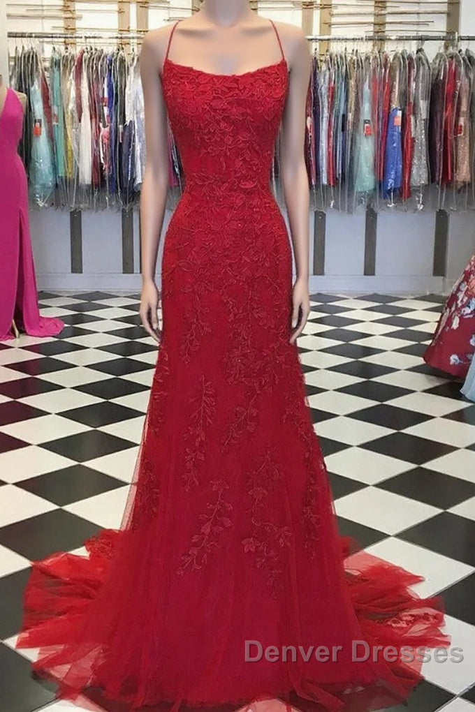 Red Backless Mermaid Lace Prom Dress, Red Backless Lace Formal Graduation Evening Dress Main image