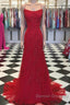 Red Backless Mermaid Lace Prom Dress, Red Backless Lace Formal Graduation Evening Dress