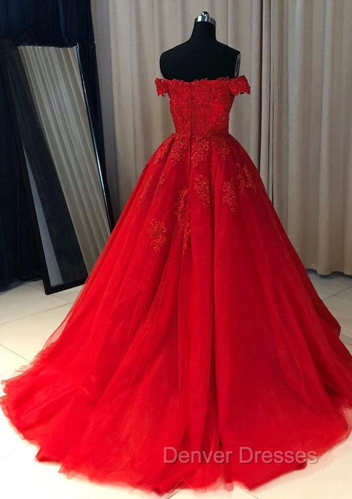 Red Ball Gown Off-the-Shoulder Sleeveless Court Train Tulle Prom Dress With Pleated Appliqued Secondary image