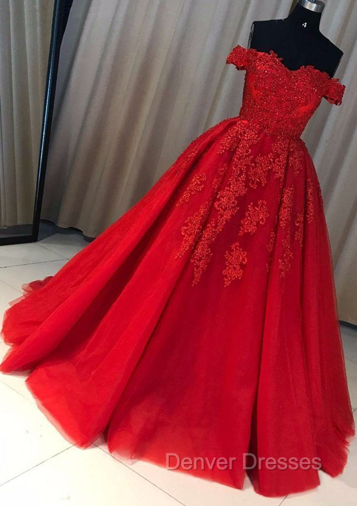Red Ball Gown Off-the-Shoulder Sleeveless Court Train Tulle Prom Dress With Pleated Appliqued