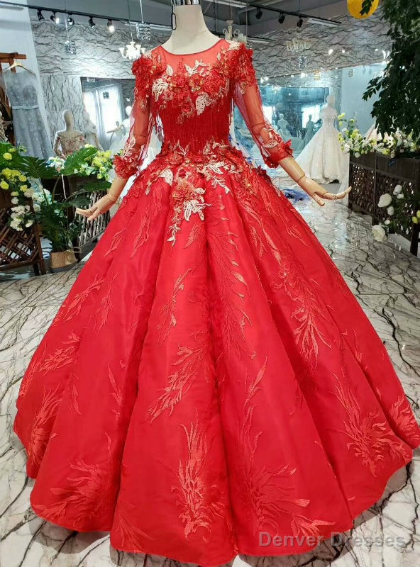 Red Ball Gown Satin Appliques Long Sleeve Luxury Wedding Dress With Beading Main image
