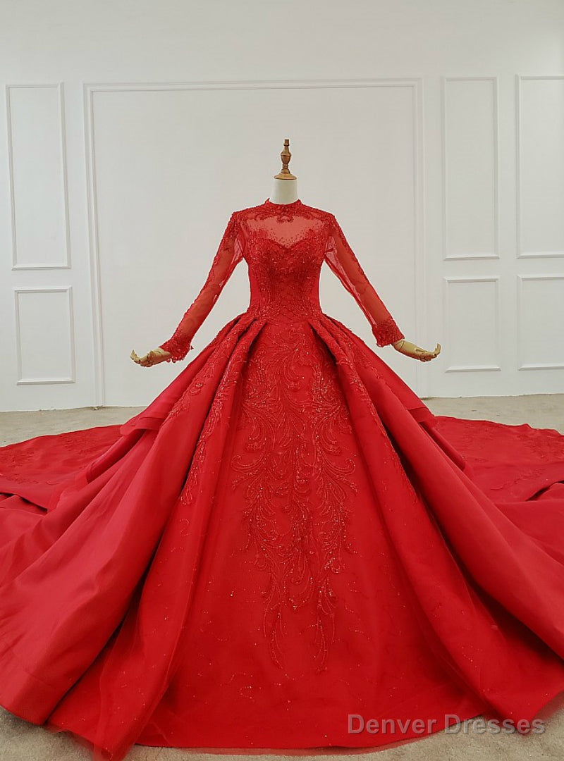 Red Ball Gown Satin High Neck Long Sleeve Sequins Wedding Dress With Long Train Main image
