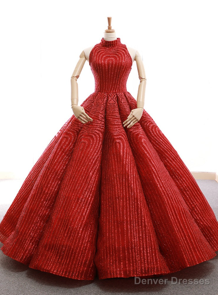 Red Ball Gown Sequins High Neck Backless Wedding Dress