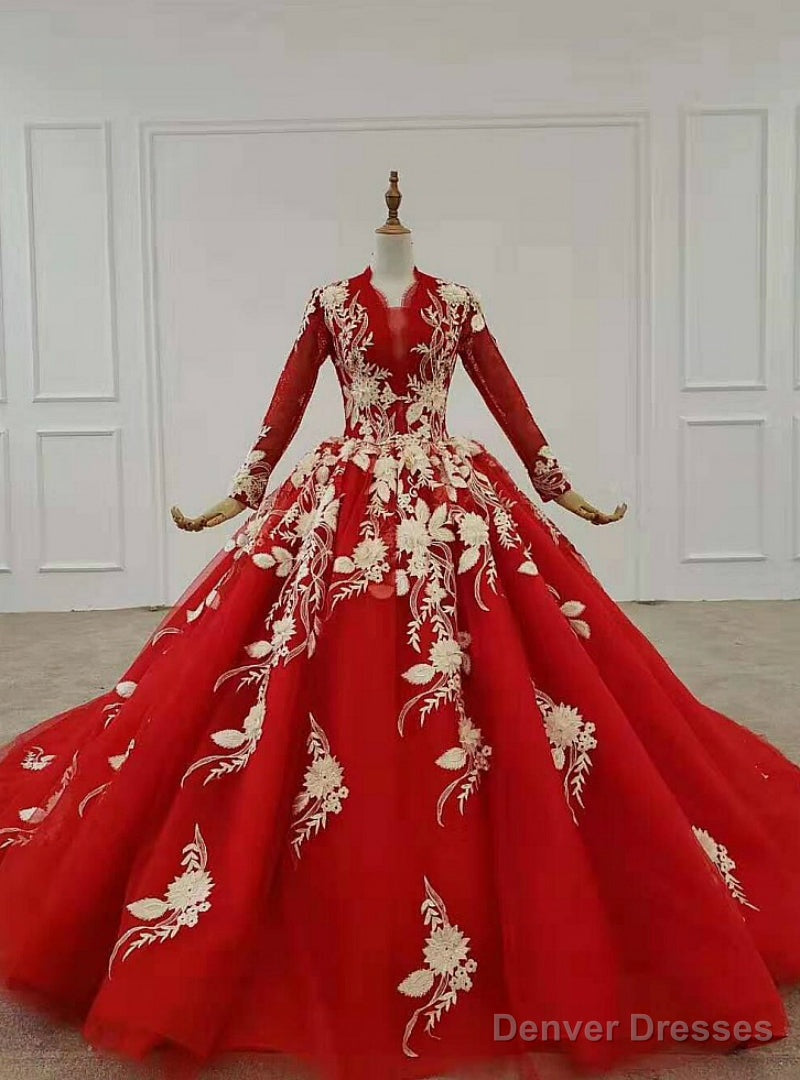 Red Ball Gown Tulle Appliques Long Sleeve Beading Wedding With Train Main image