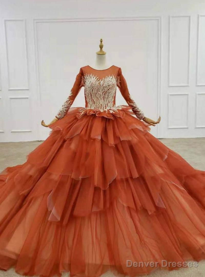 Red Ball Gown Tulle Beading Sequins Long Sleeve Wedding Dress Main image