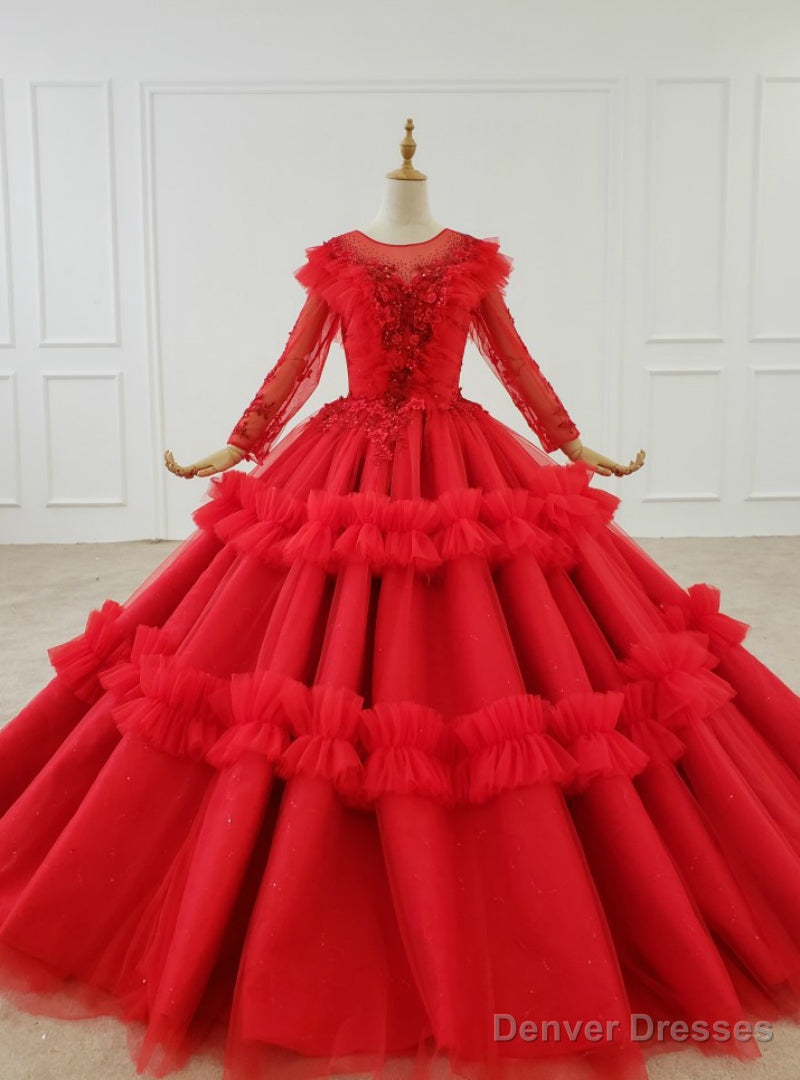 Red Ball Gown Tulle Long Sleeve Appliques Beading Floor Length Wedding Dress Main image