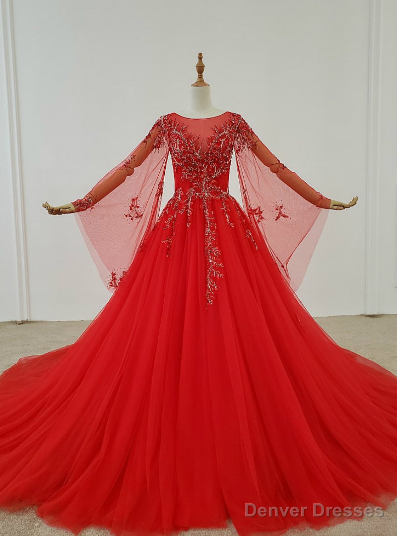 Red Ball Gown Tulle Long Sleeve Beading Sequins Wedding Dress
