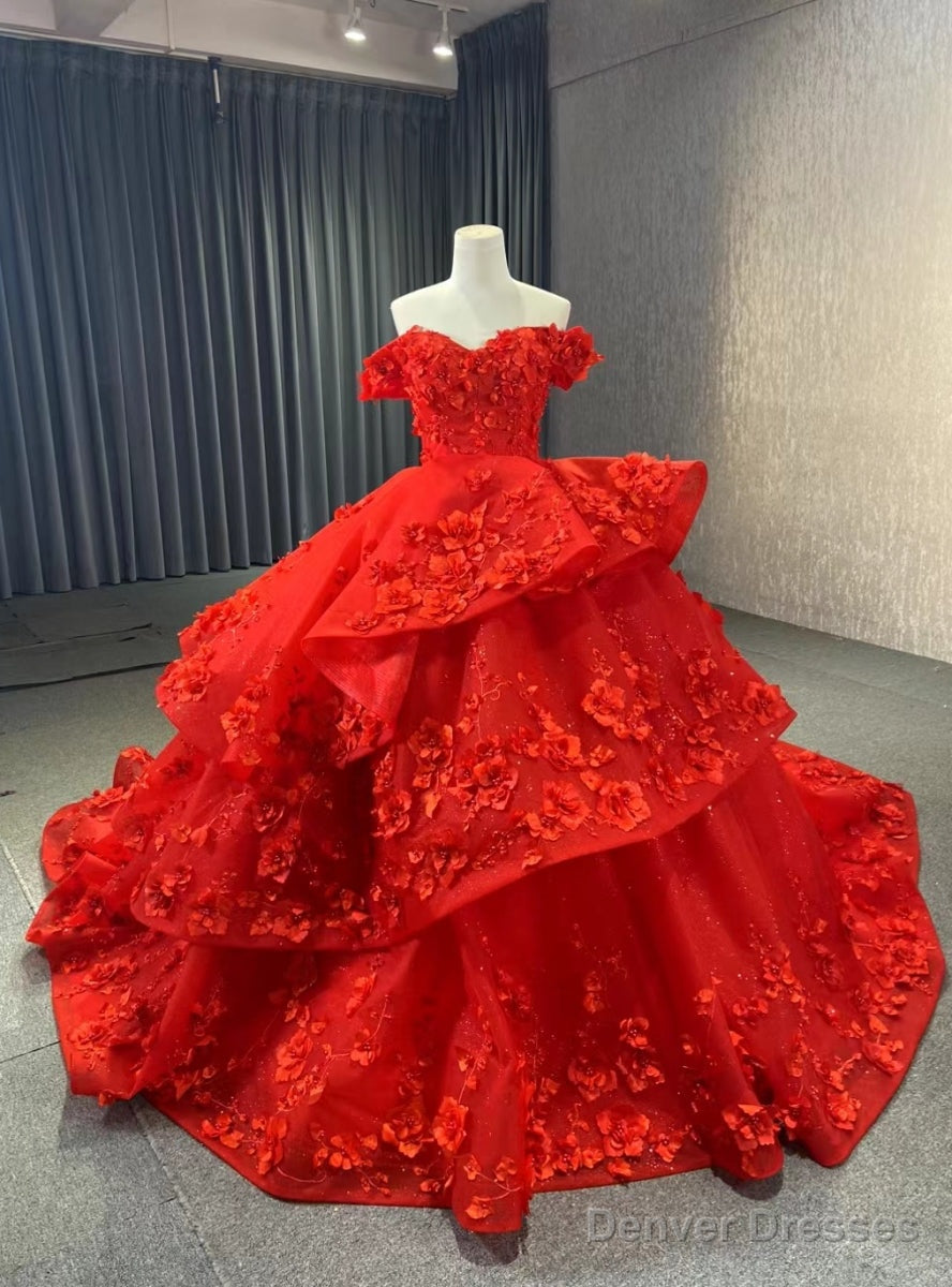 Red Ball Gown Tulle Off the Shoulder 3D Appliques Prom Dress Main image