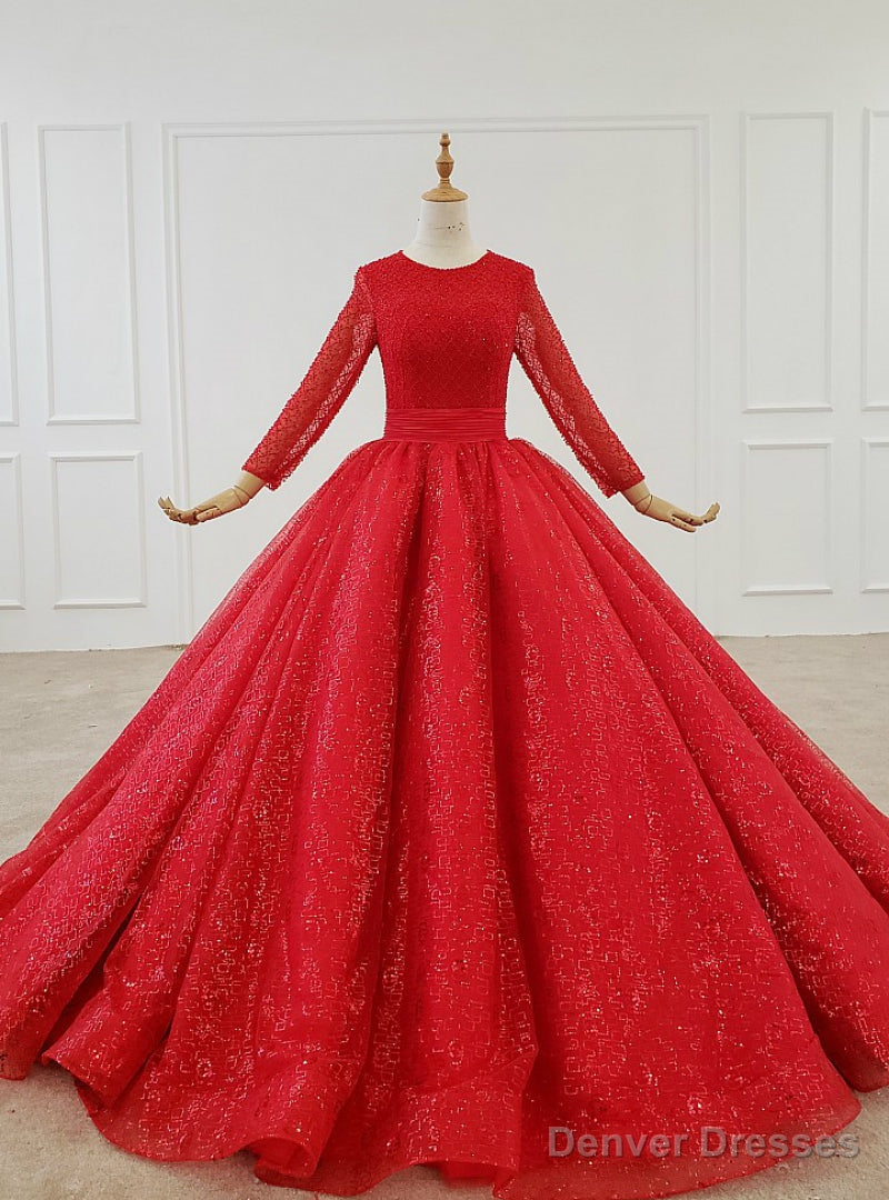 Red Ball Gown Tulle Sequins Long Sleeve Beading Floor Length Wedding Dress