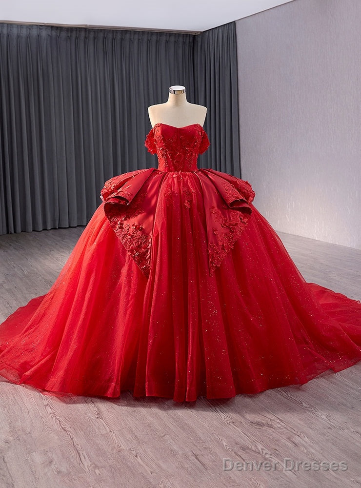 Red Ball Gown Tulle Strapless Appliques Prom Dress Main image
