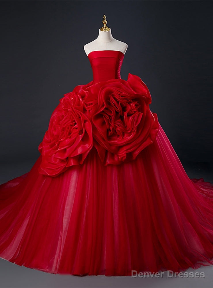 Red Ball Gown Tulle Strapless Flower Quinceanera Dress Main image