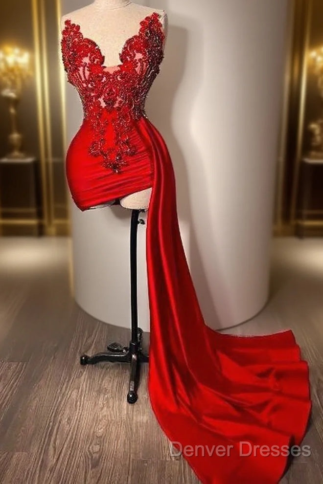 Red Beaded Appliques With Train Prom Dress拢卢Sweetheart Mini Cocktail Evening Dress Main image