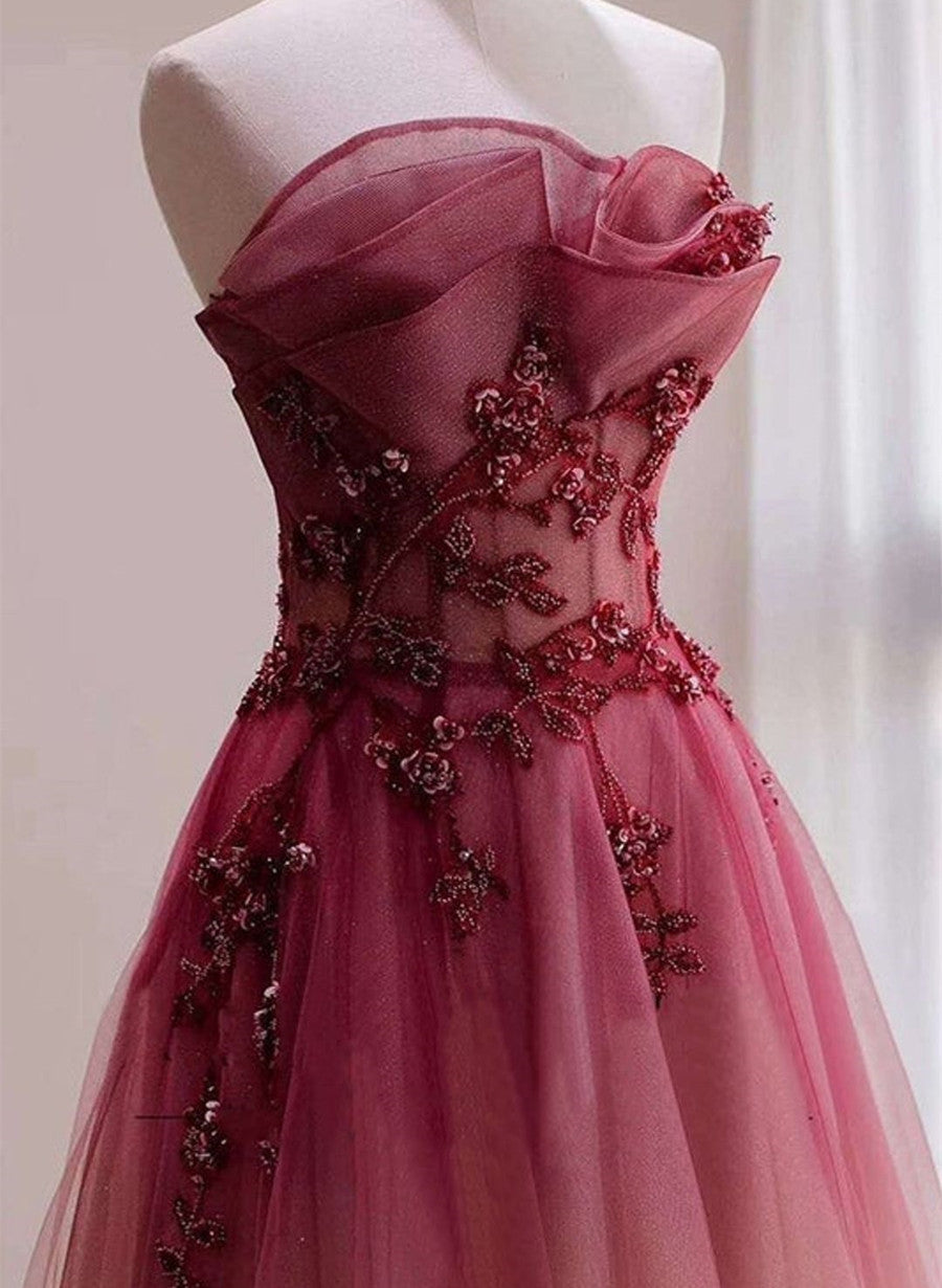 Red Beaded Gradient Tulle Long Party Dress, A-Line Elegant Lace-Up Prom Dress Secondary image