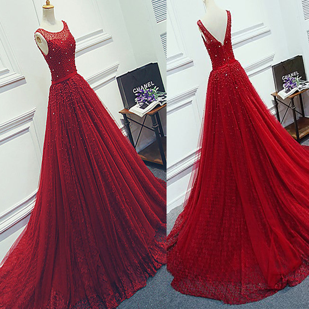 Red Beading Sparkly Unique Ball Gown Round Neck Formal Elegant Long Prom Dresses Secondary image