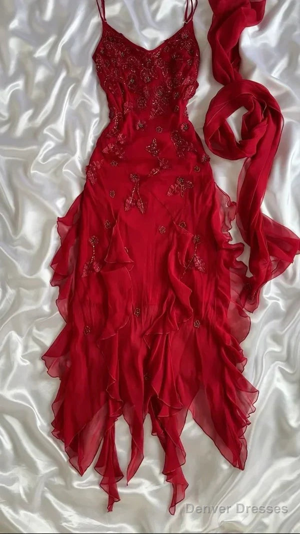 Red Chiffon Beaded Long Party Evening Gown Formal Prom Dress Main image