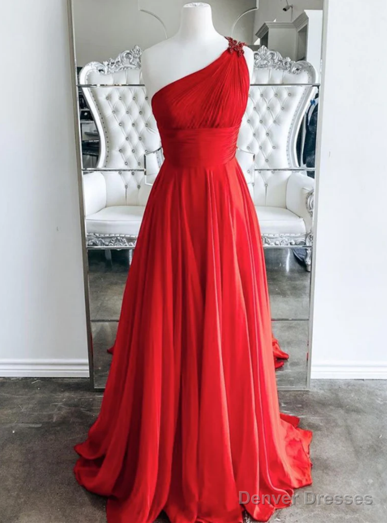 Red Chiffon One Shoulder Prom Dress Main image