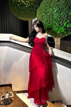 Red Chiffon Sweetheart Sheath Spaghetti Straps Party Dress, Red Layers Prom Dress