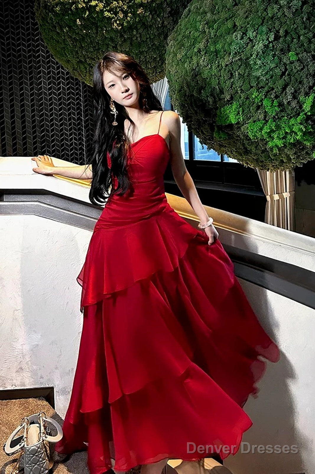 Red Chiffon Sweetheart Sheath Spaghetti Straps Party Dress, Red Layers Prom Dress Main image