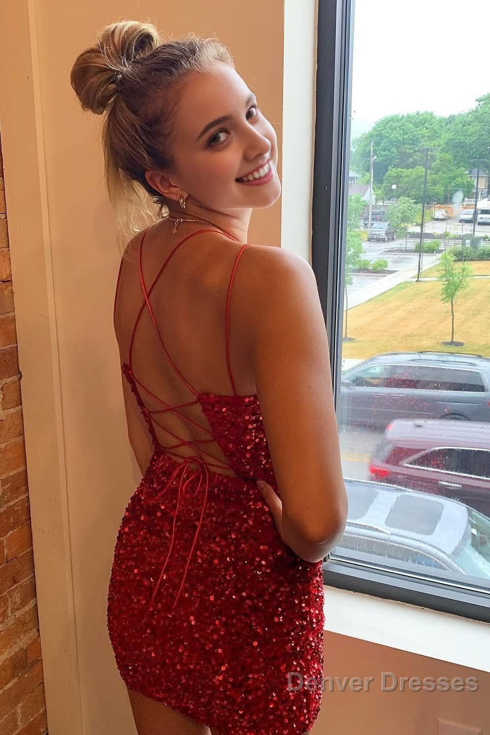 Red Criss-Cross Straps Sequins Tight Short Hoco Dress Secondary image