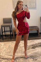 Red Cut Glass Mirror One-Sleeve Cutout Short Cocktail Gown