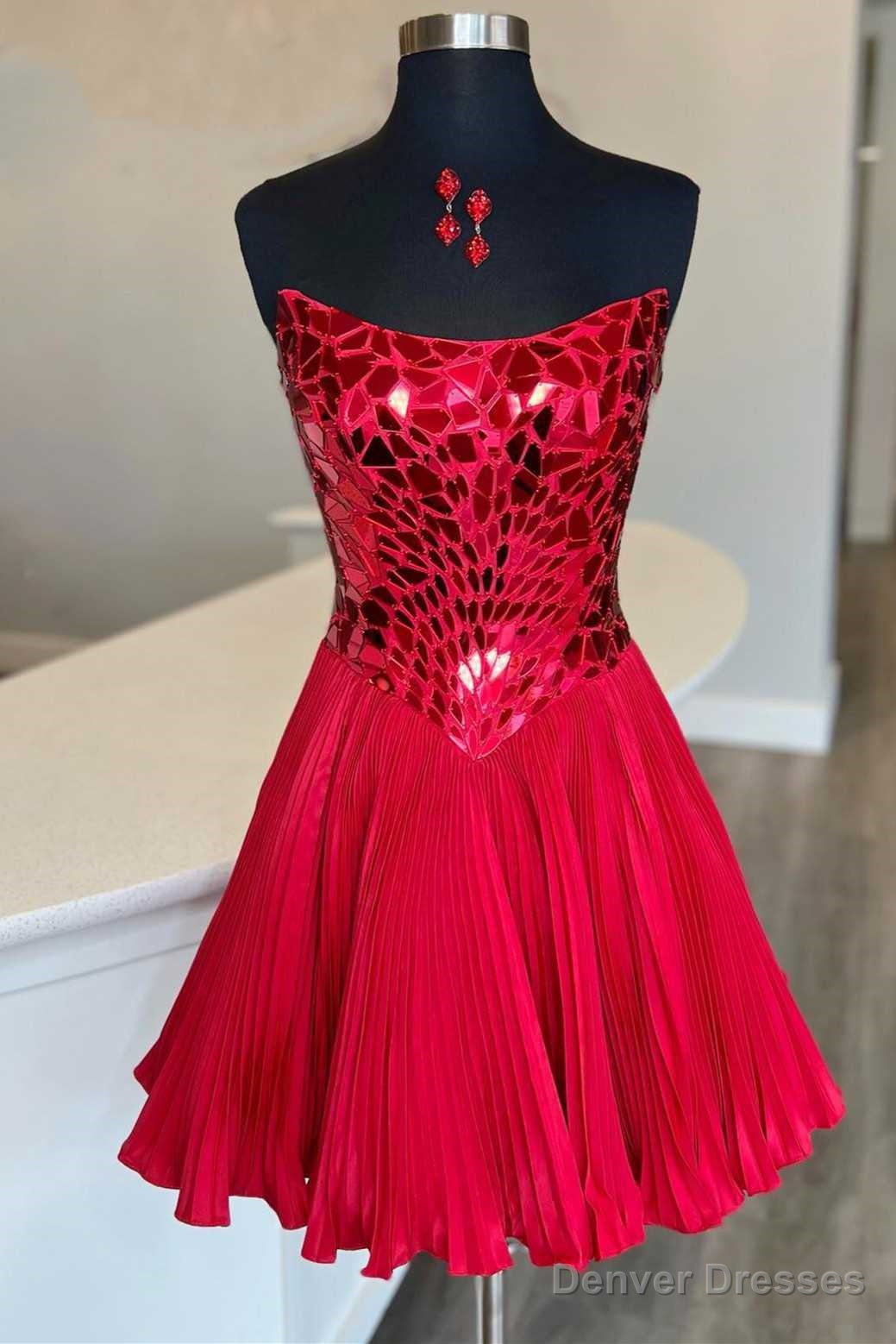 Red Cut Glass Mirror Strapless A-Line Gathered Party Dress Main image