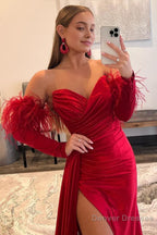 Red Detachable Long Sleeves Long Prom Dress with Feathers