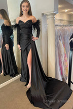 Red Detachable Long Sleeves Long Prom Dress with Feathers