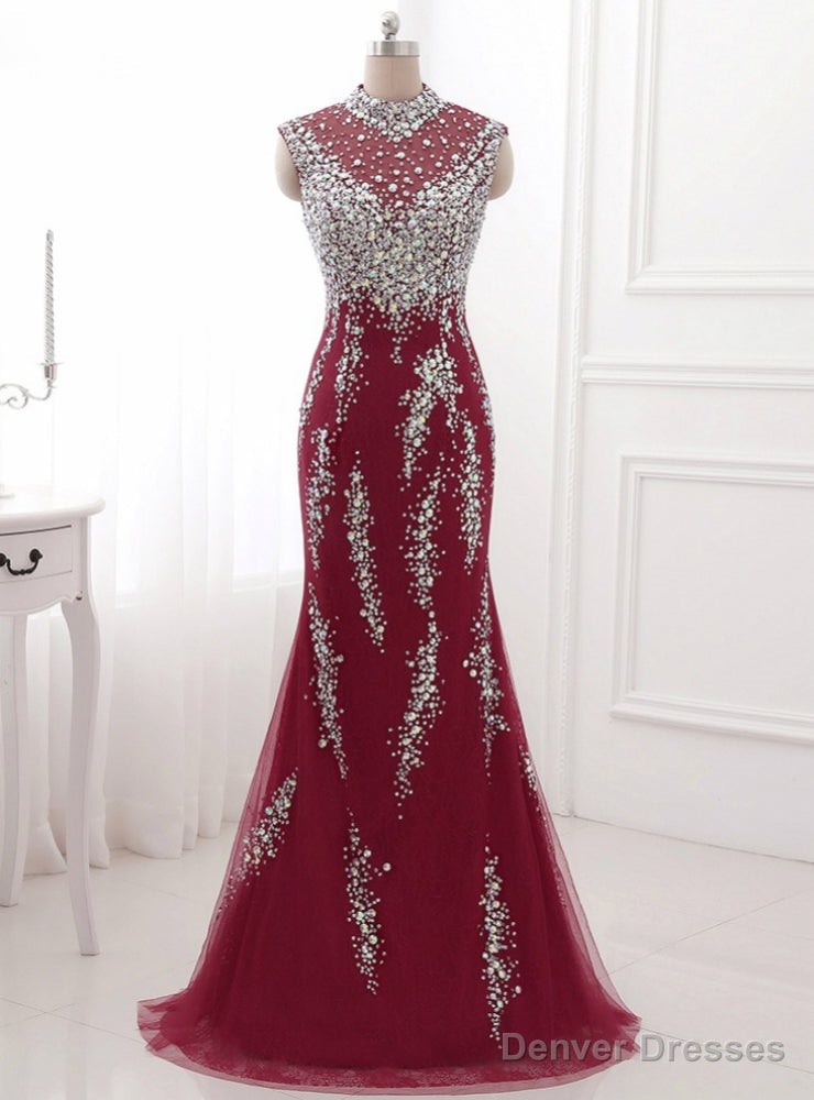 Red Evening Dresses Crystal Long Prom Dress Sexy Illusion Main image