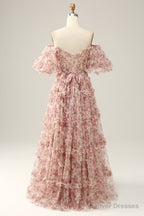 Red Floral Off the Shoulder Long Prom Dress