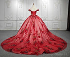 Red Flower  Off-the-Shoulder Quinceaera Dress
