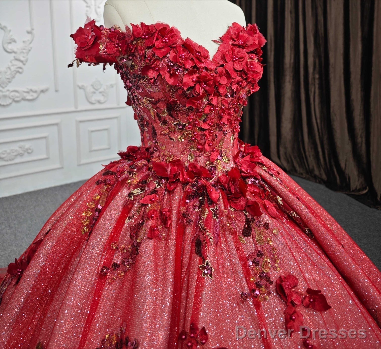 Red Flower  Off-the-Shoulder Quinceaera Dress
