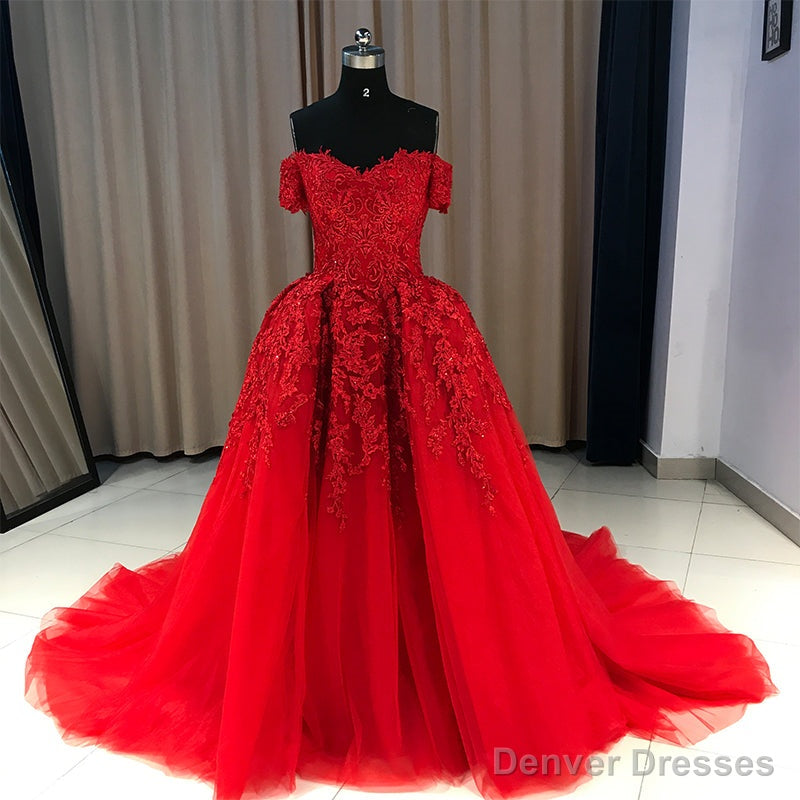 Red Gorgeous Sweetheart Off Shoulder Lace Applique Ball Gown Prom Dress, Red Evening Dress Party Dress Main image